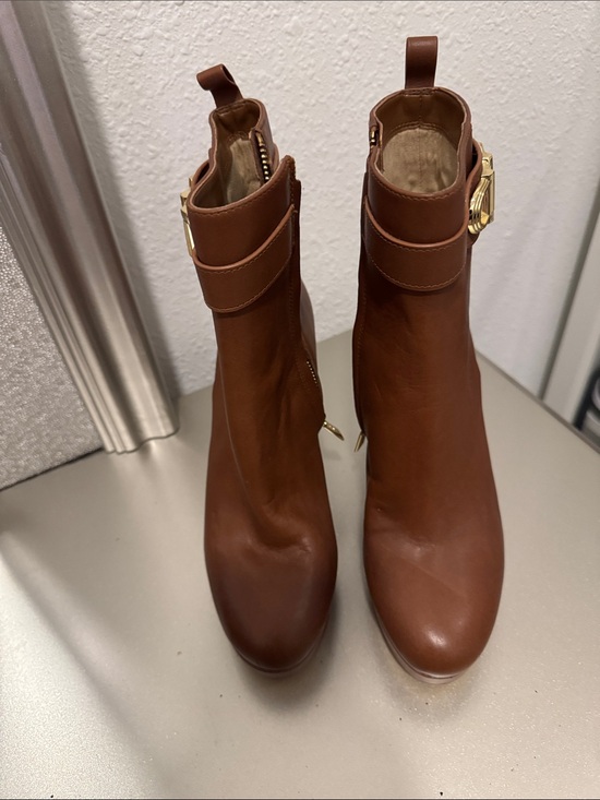 MICHAEL Michael Kors Shoes - MICHAEL Michael Kors Chestnut Brown Leather Ankle Booties with Gold Accent